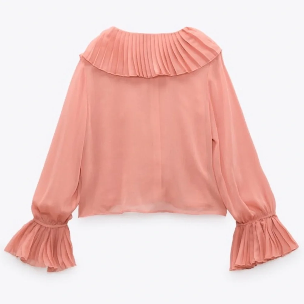 Zara XSmall Pleated Ruffle Blouse, Mid-Pink - Picture 5 of 8